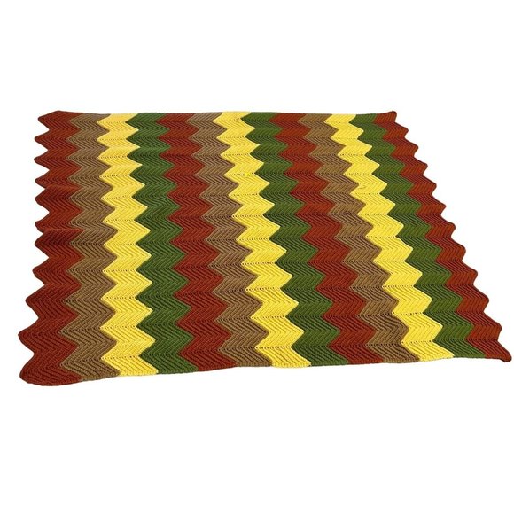 Crocheted Afghan Vintage Chevron Pattern 70's Yellow Orange Brown Green Homemade - Picture 6 of 6